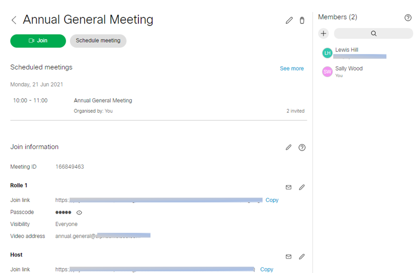 Joining information like meeting ID, meeting link and passcode